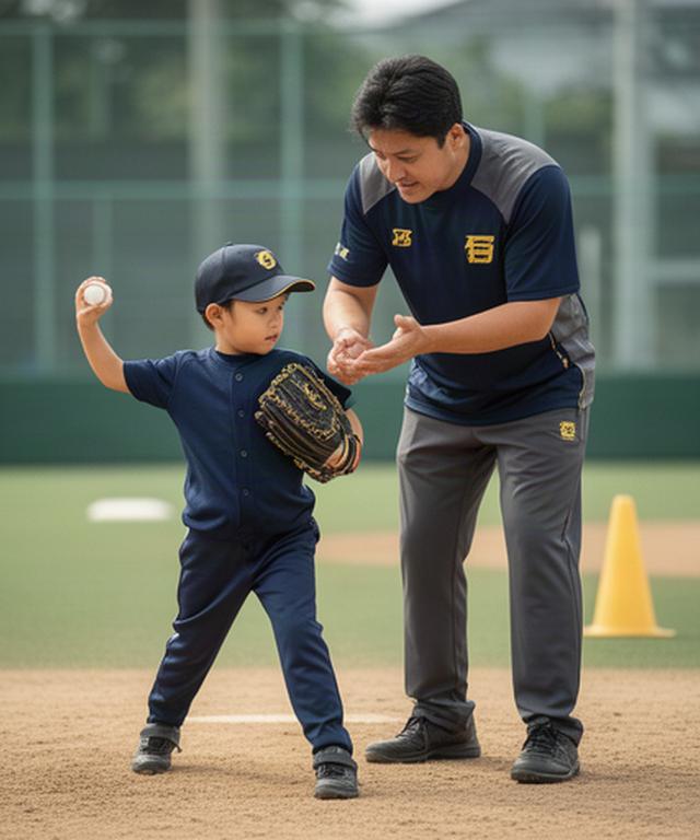 宇城市の野球練習場で子どもに投球フォームを教える代表コーチ